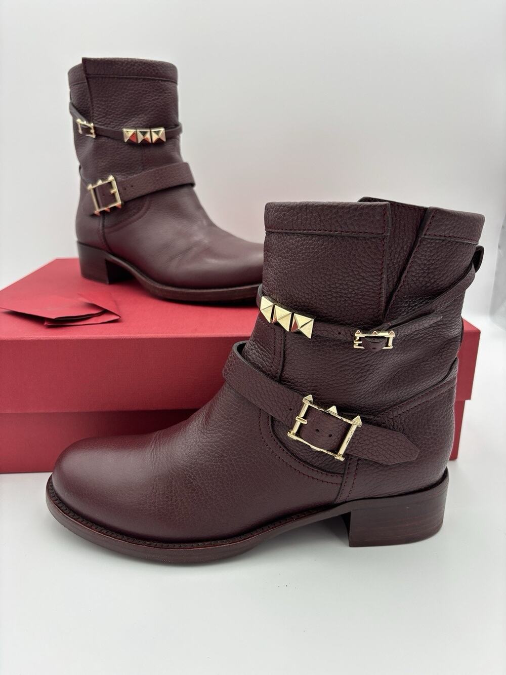 Valentino Rockstud Accent Moto Boots Rouge Absolute Burgundy Size 39.5 / 9.5